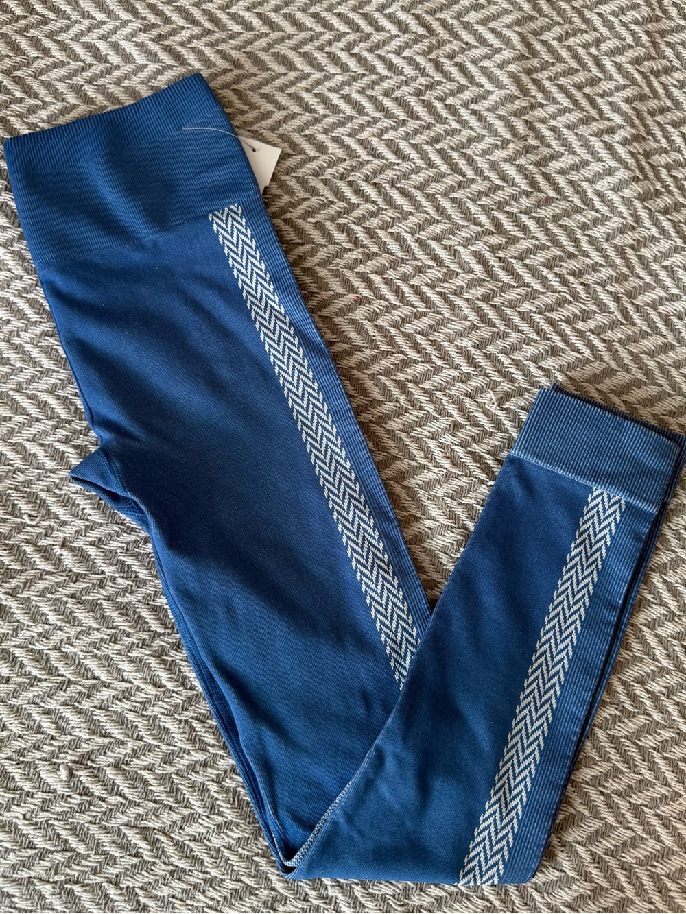 Fabletics Navy Blue Leggings with Light Gray Chevron Side Stripes